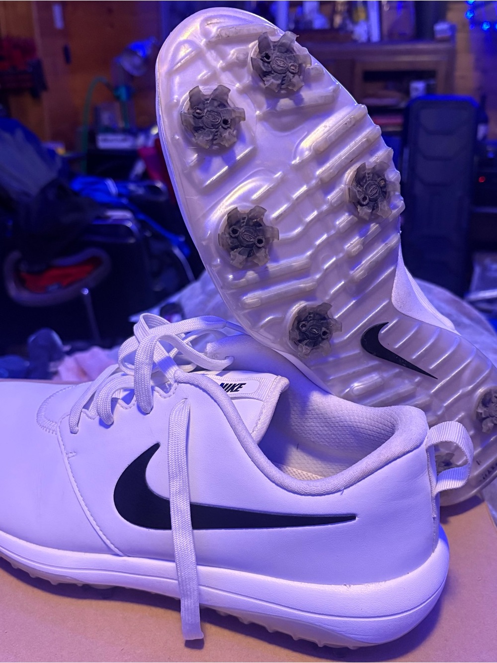 Amazing Roshe Nike Summit White Spiked Golf Cleats with Black Swoosh on White!